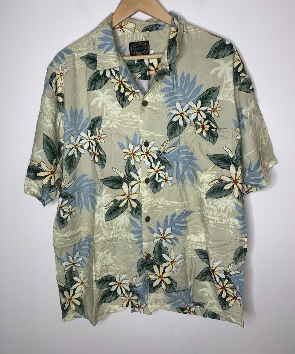 Hawaiian Reserve Collection Mens XL Shirt Button Up Beige Floral Beach FLAWED
